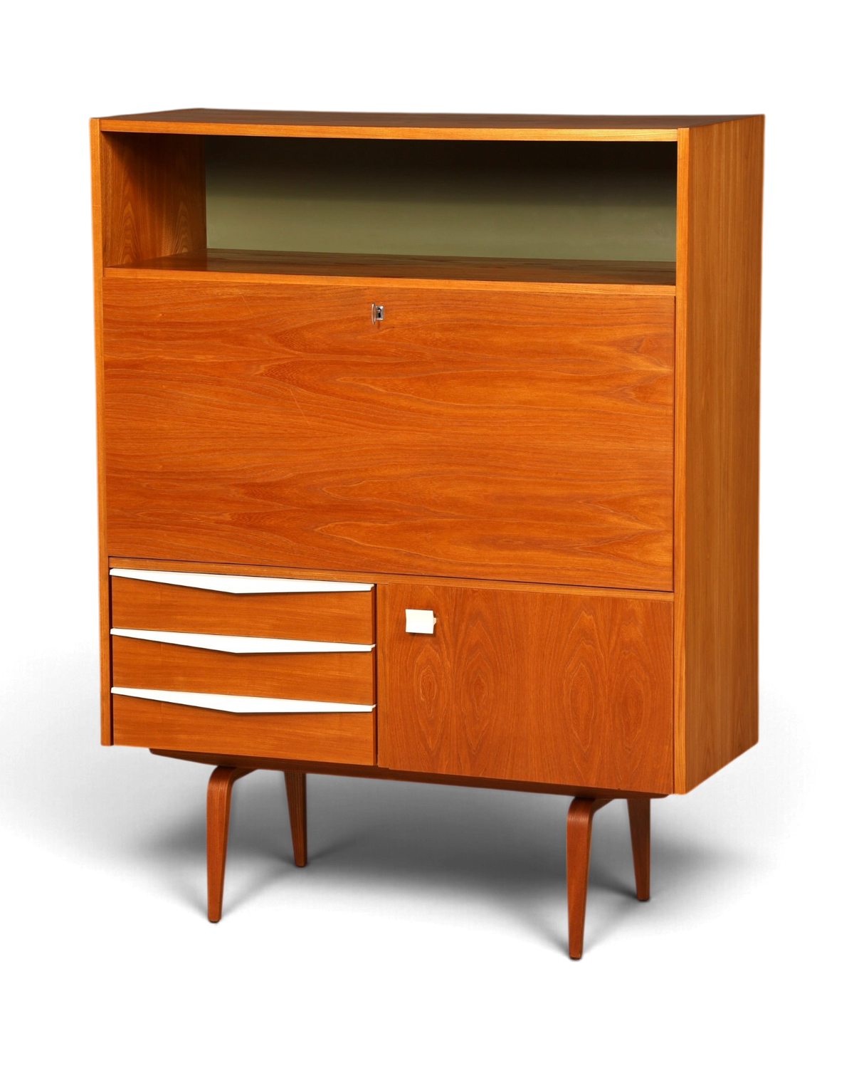Hauptstadt Möblerei Sekretär aus Teakholz im Mid-Century Design mit Klappfach und weißen Schubladenfronten