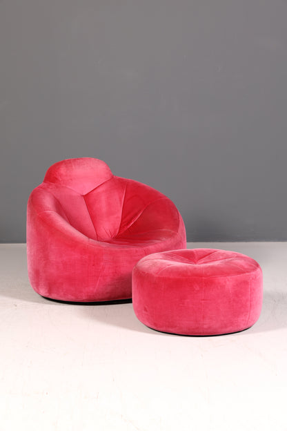 Noble Ligne Roset Pumpkin Armchair with Ottoman Pink Velvet Designer Lounge Chair Pierre Paulin Pouf Vintage