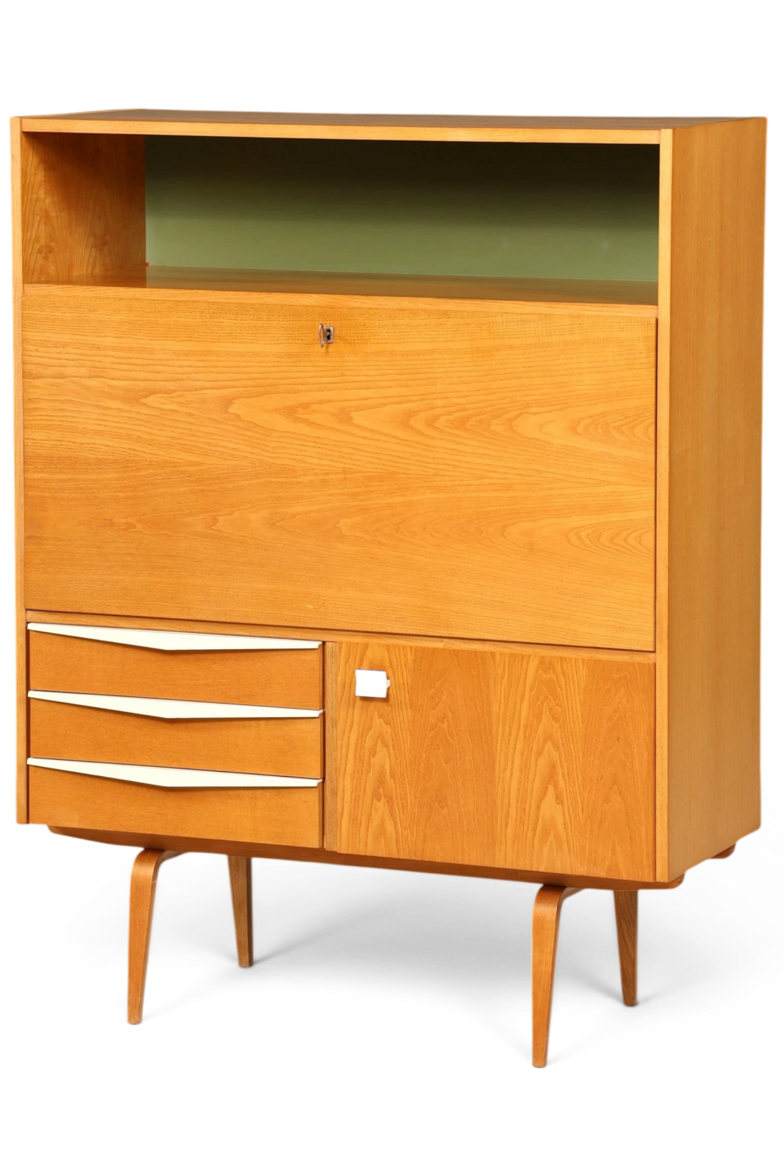 Hauptstadt Möblerei Hellerau Sekretär Modell 427 aus Eschenholz im Mid-Century Design mit ausklappbarer Schreibfläche
