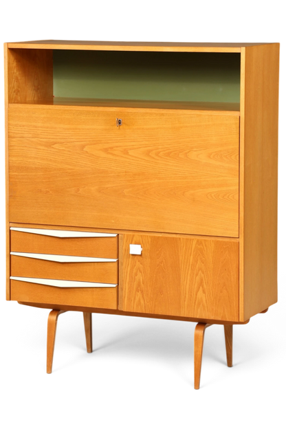Hauptstadt Möblerei Hellerau Sekretär Modell 427 aus Eschenholz im Mid-Century Design mit ausklappbarer Schreibfläche