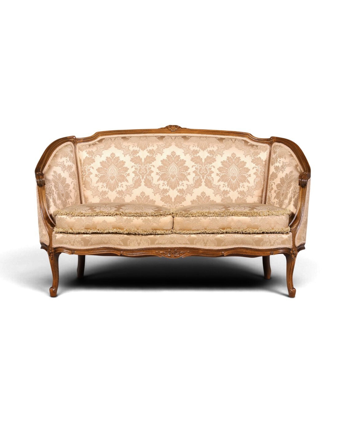 Hauptstadt Möblerei Chippendale 2-Sitzer Sofa im Barock-Stil mit beigem Damast-Samtbezug und Holzrahmen