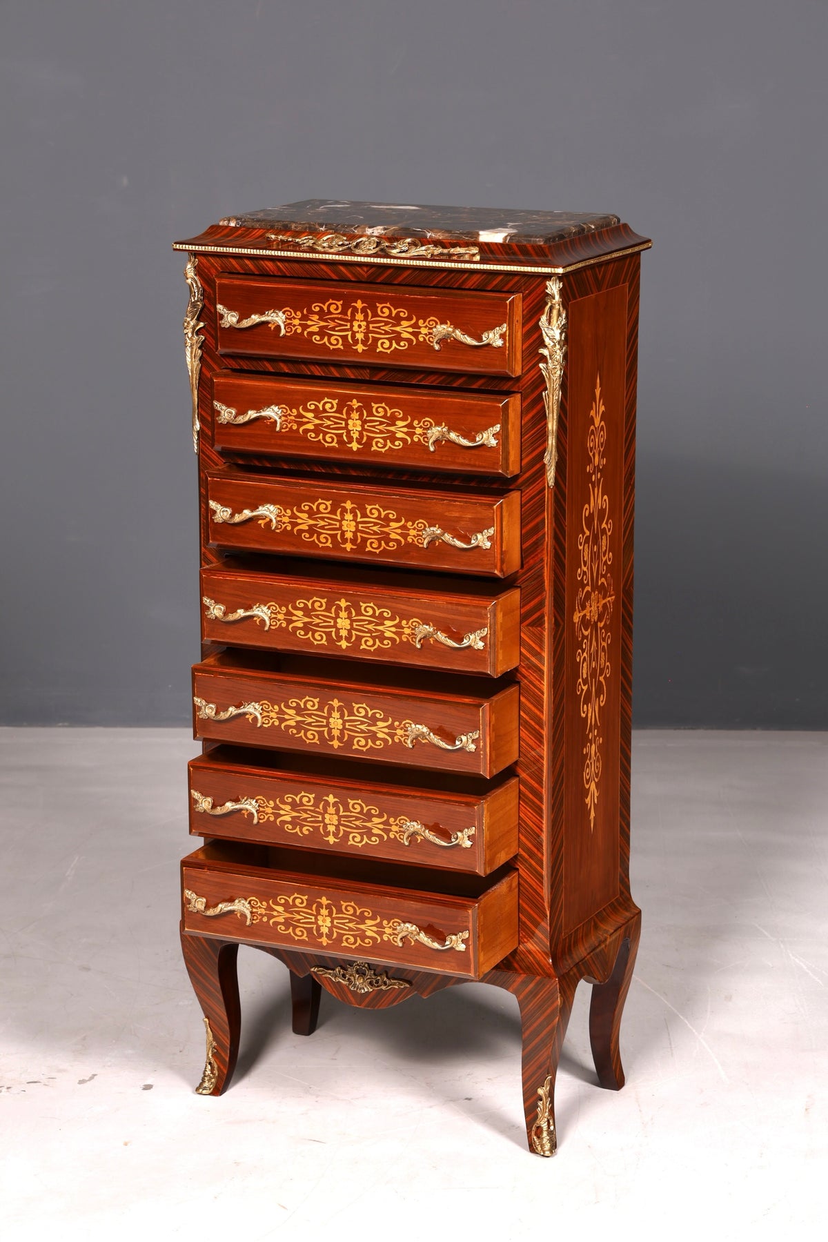 Wunderschönes Barock Stil Louis XV Highboard Marmor Vertiko Intarsien Kommode