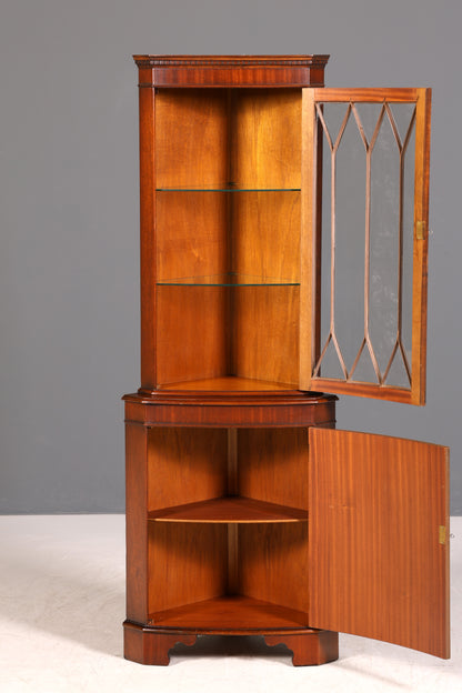 G028 Finish cm Wunderschöne Englische Eckvitrine Mahagoni Antik 60s echt Holz Schrank Eckschrank Glasvitrine