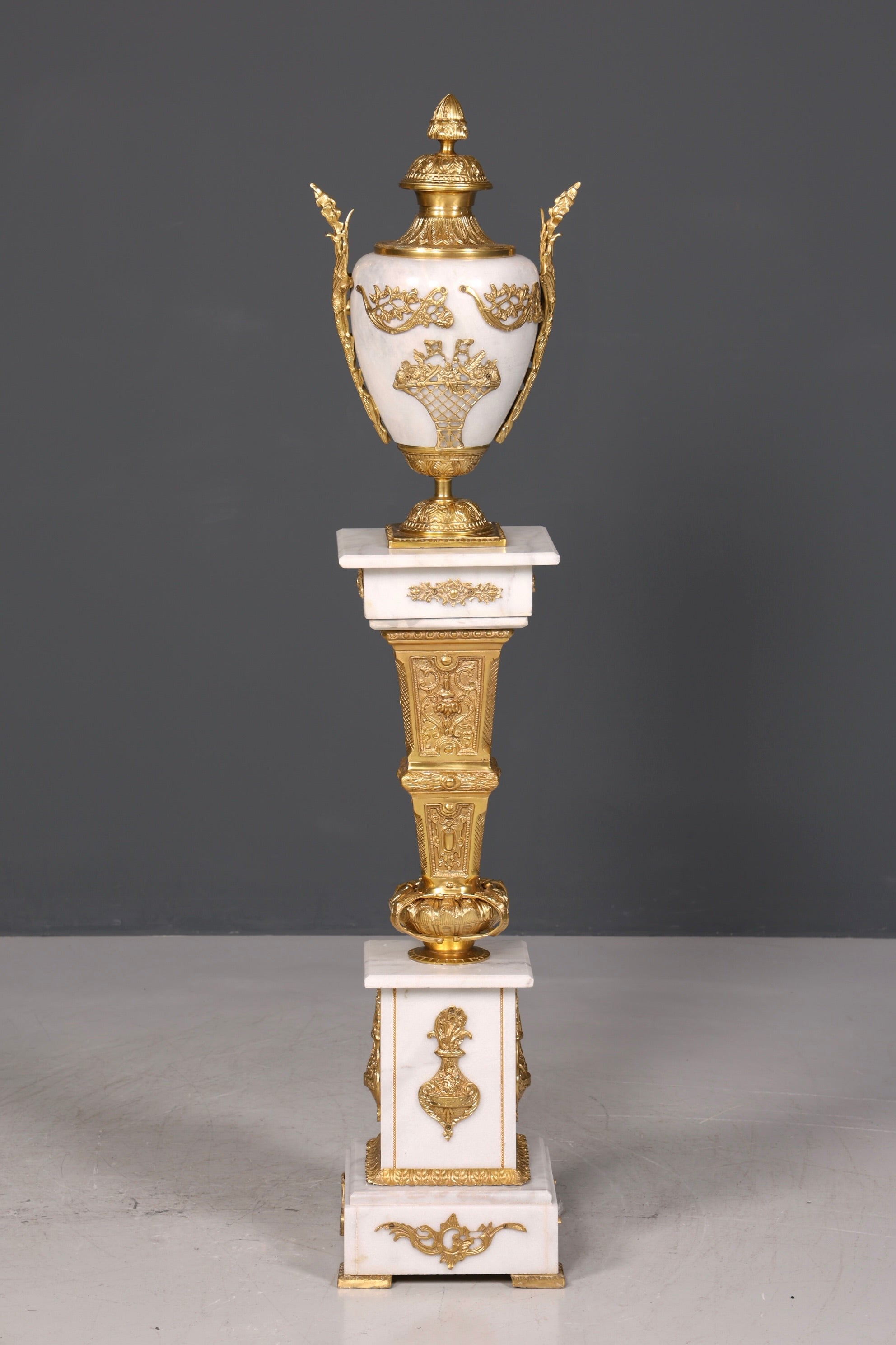 Beautiful Baroque style column with vase, Louis XV marble flower column, white natural stone base and shelf