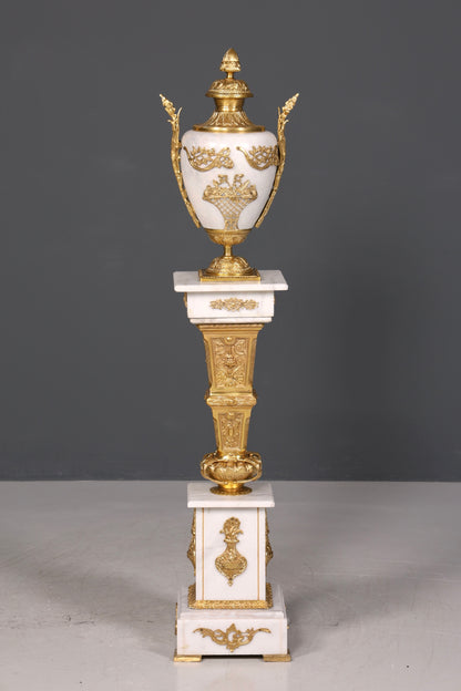 Beautiful Baroque style column with vase, Louis XV marble flower column, white natural stone base and shelf