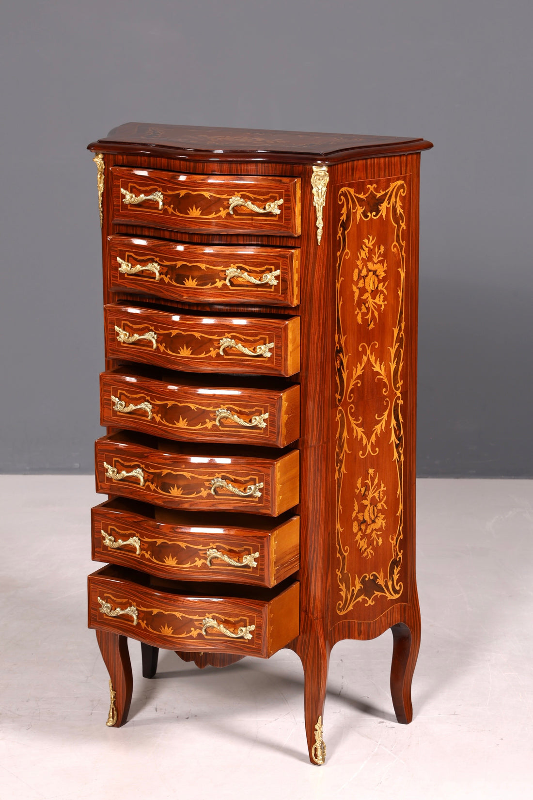 Stilvolles Barock Stil Louis XV Highboard Intarsien Vertiko Kommode Schubladenkommode