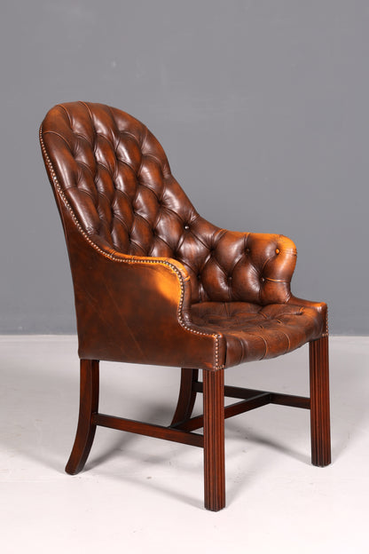 Wunderschöner Original Chesterfield Armlehnstuhl Braun Echt Leder Englisch Herrensessel Schreibtischstuhl Bürostuhl Sekretär Stuhl Antik Vintage