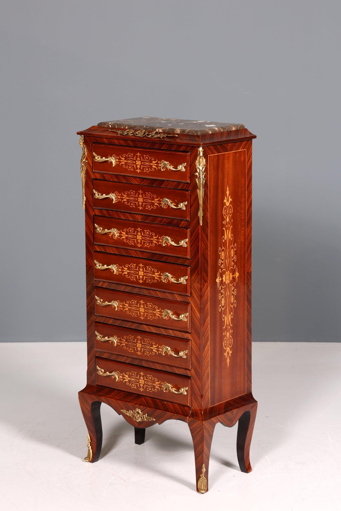 Wunderschönes Barock Stil Louis XV Highboard Marmor Vertiko Intarsien Kommode