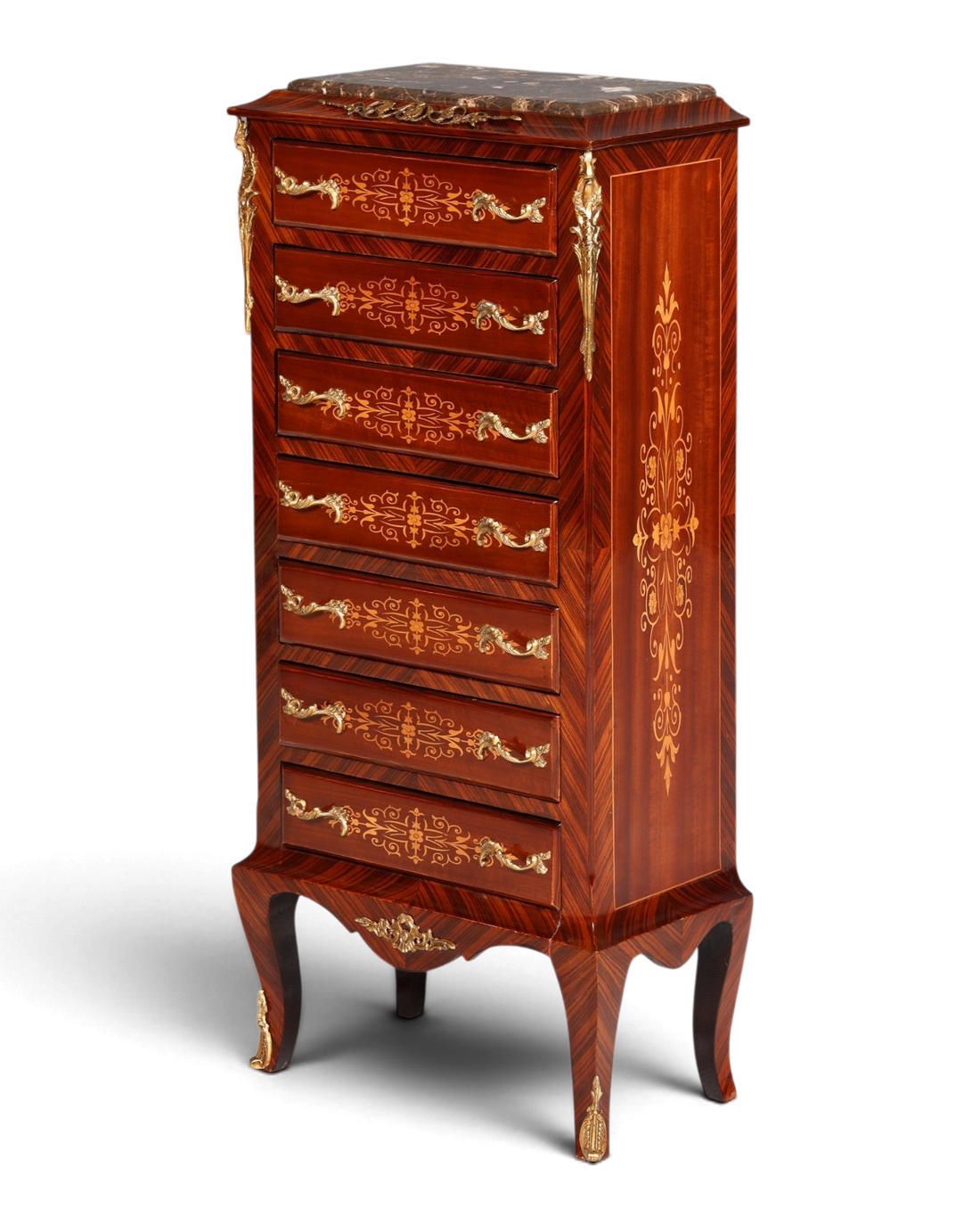 Wunderschönes Barock Stil Louis XV Highboard Marmor Vertiko Intarsien Kommode