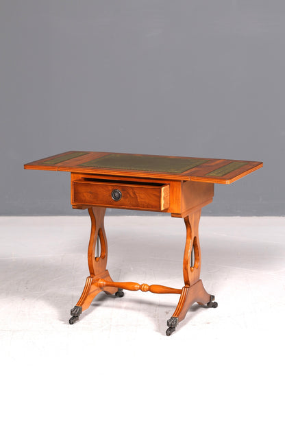 Edler Englischer Klapptisch Beistelltisch Eibe Echt Lederauflage Antik Ablagetisch Vintage Rolltisch Wohnzimmer