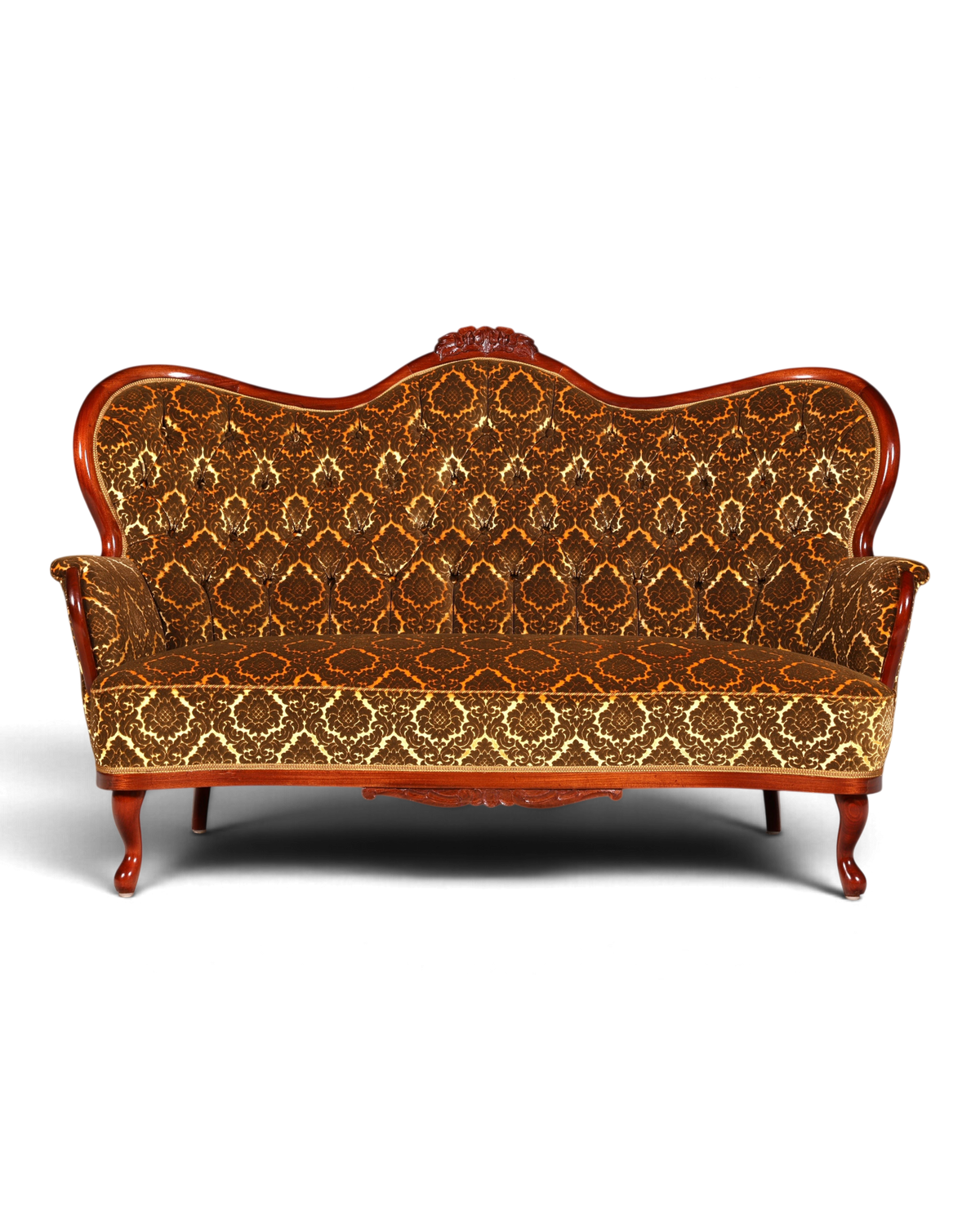 Hauptstadt Möblerei Sofa im antiken Stil mit braunem Damast-Muster und geschwungenem Holzrahmen