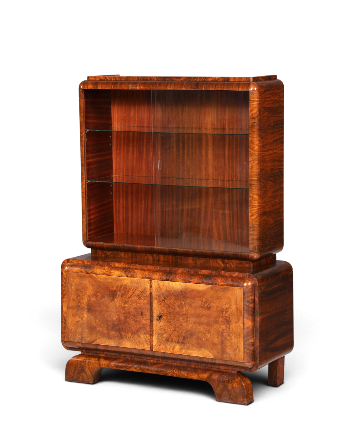 Edle Art Deco Vitrine Nussbaum Vitrine massiv Holz Antik Schrank Regal Vitrinenschrank