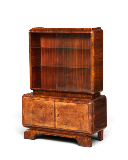 Edle Art Deco Vitrine Nussbaum Vitrine massiv Holz Antik Schrank Regal Vitrinenschrank