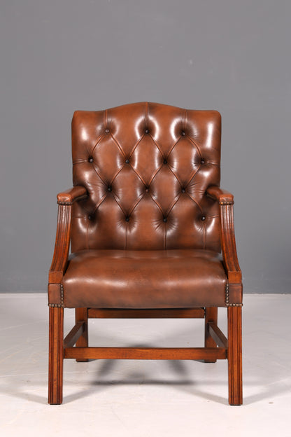 Wunderschöner Original Chesterfield Armlehnstuhl Braun Echt Leder Englisch Herrensessel Schreibtischstuhl Sekretär Stuhl Bürostuhl Antik 2 von 2