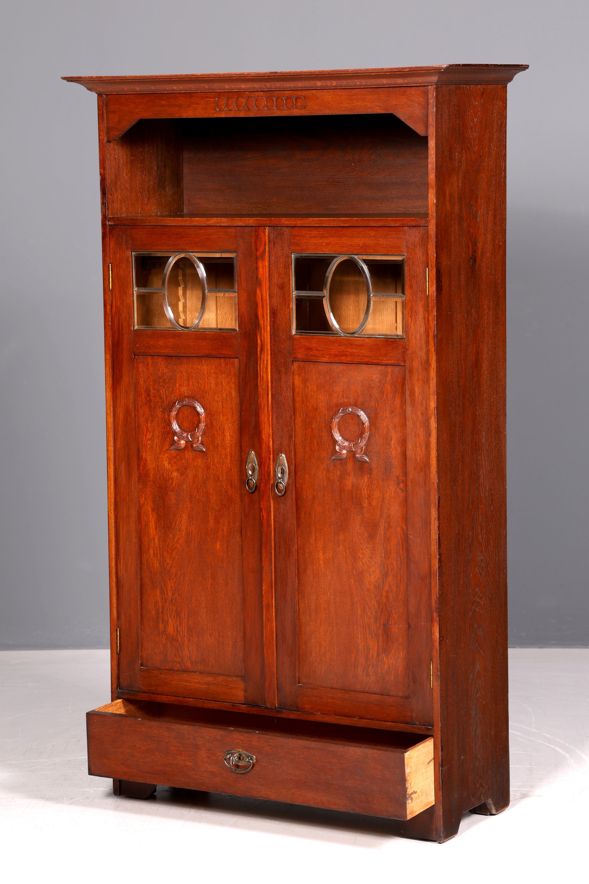 Traumhafte Jugendstil Vitrine Eiche Antik Bücherschrank Geschirrschrank Massiv Holz Glasvitrine Vitrinenschrank Vintage