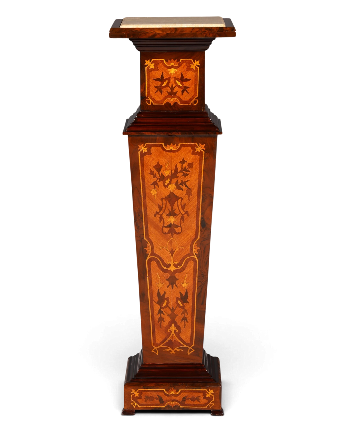 Hauptstadt Möblerei Barock Säule aus Holz mit aufwendigen Intarsien und einer edlen Marmorplatte als Blumensäule