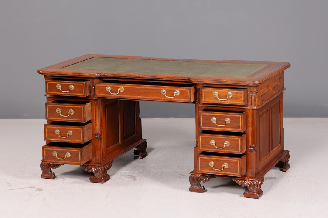 Beautiful English writing desk with genuine leather inlay, office desk, antique vintage style