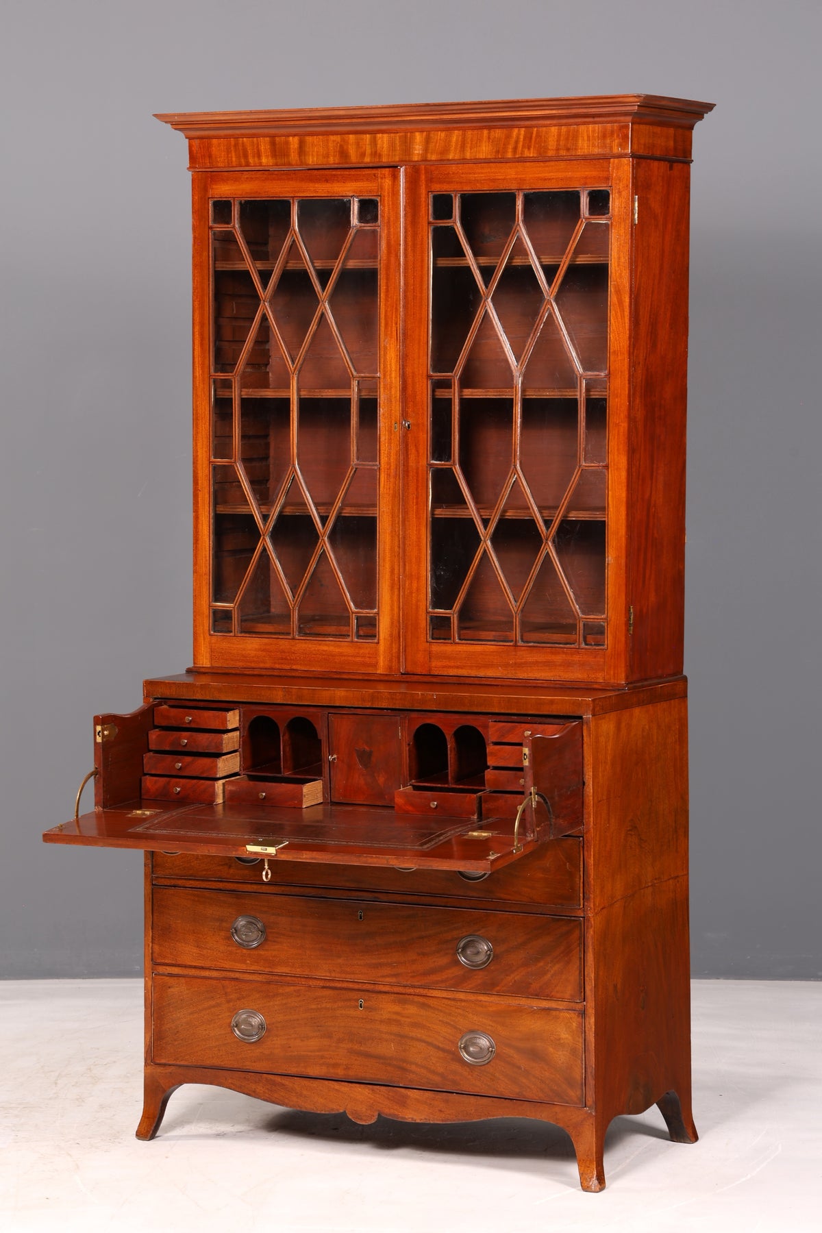 Beautiful antique English secretary desk with hutch, bookcase, display cabinet, mahogany office writing cabinet, UK