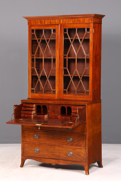 Beautiful antique English secretary desk with hutch, bookcase, display cabinet, mahogany office writing cabinet, UK