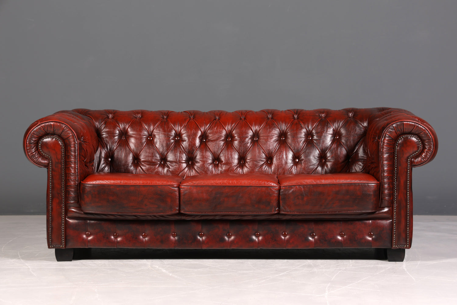 F956 Finish cm Wunderschönes Original Chesterfield Sofa 3- Sitzer echt Leder Oxblood Couch Englisch
