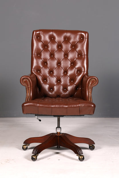 Edler Chesterfield Chefsessel Bürostuhl Echtleder Braun Drehsessel Schreibtischstuhl Bürosessel