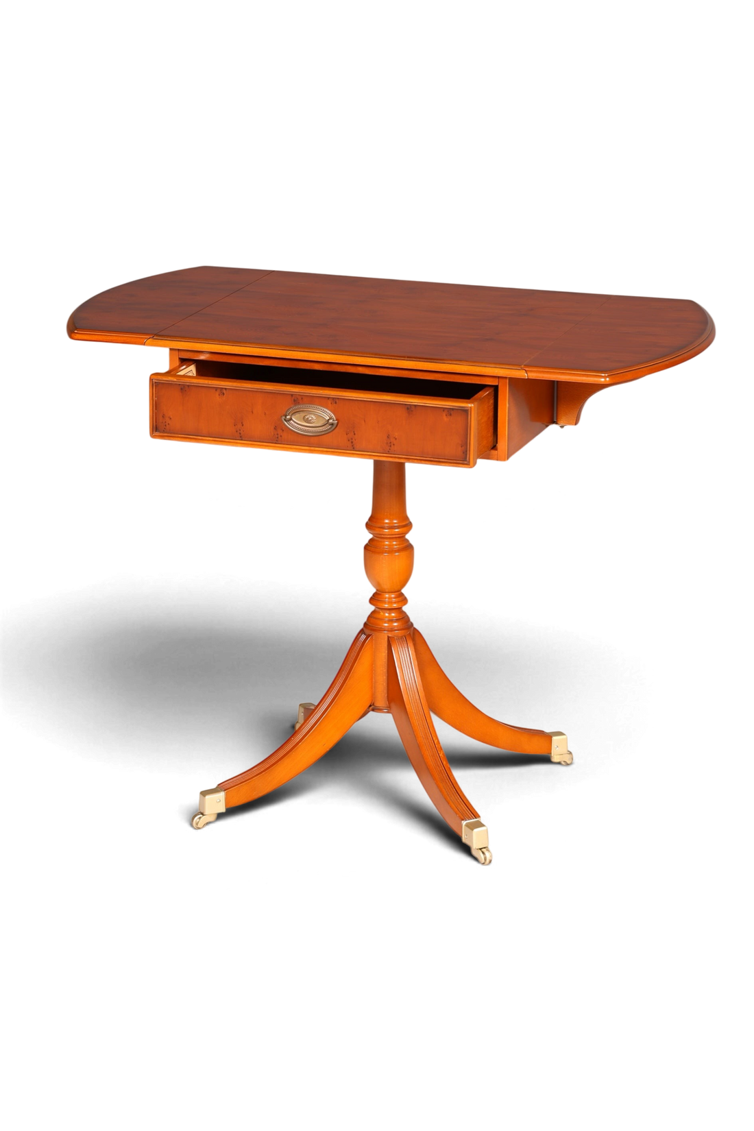 Hauptstadt Möblerei Heldense Beistelltisch aus Eibenholz mit klappbarer Platte, Schublade und Rollen im Vintage-Stil