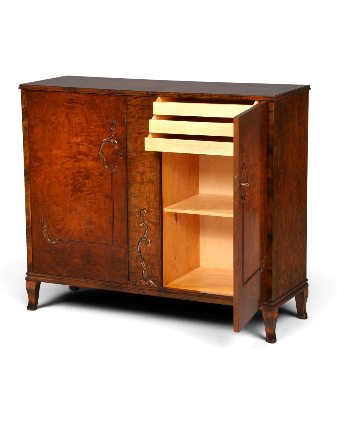 Hauptstadt Möblerei Art Deco Schrank aus massivem Holz mit schöner Maserung, zwei Türen und inneren Schubfächern