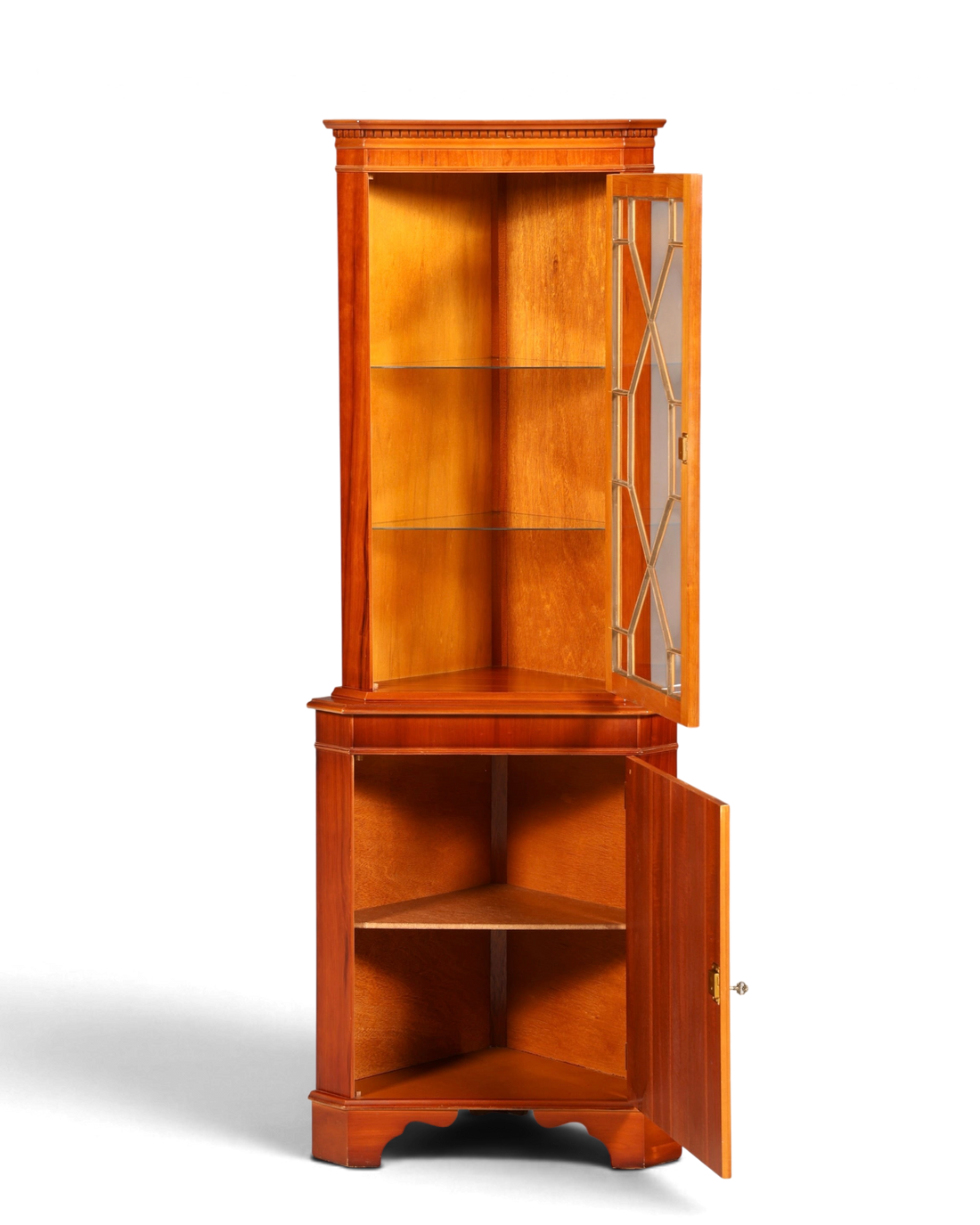 Hauptstadt Möblerei englische Eckvitrine aus Eibenholz mit verglaster Tür und zwei Ebenen im Vintage-Stil