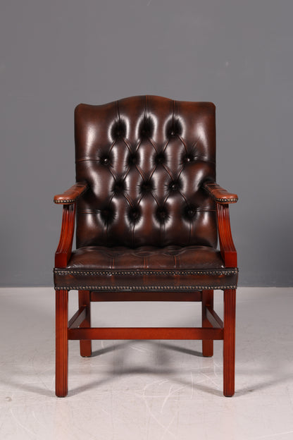 Wunderschöner Original Chesterfield Armlehnstuhl Braun Echt Leder Englisch Herrensessel Schreibtischstuhl Bürostuhl Antik