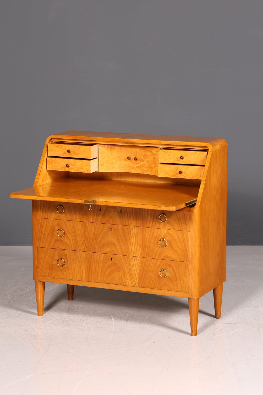 G025 Finish Schlichter Mid Century Sekretär Vintage Schreibmöbel echt Holz Kommode Office Secretary