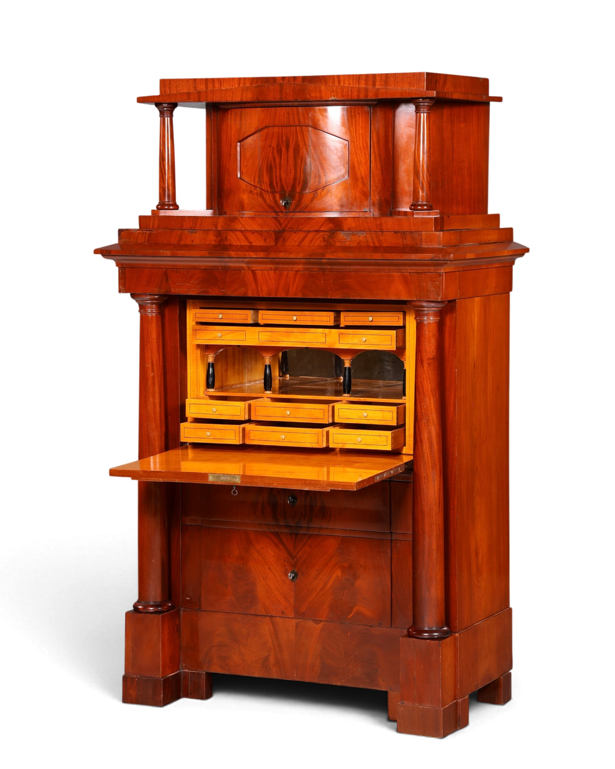 Hauptstadt Möblerei orijinal 1860 Biedermeier sekreter, masif ahşap, sütun detaylı ve açılır yazı masalı antika büro dolabı.