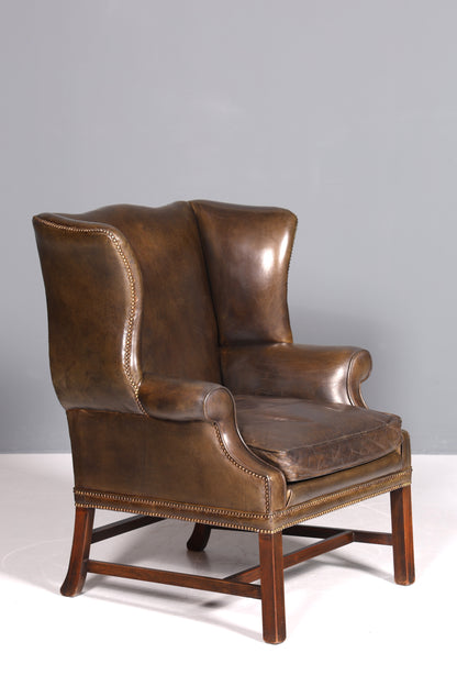 Wunderschöner Englischer Ohrenbacken Sessel braun Englisch Leder Herrensessel UK Armlehnsessel