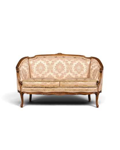Hauptstadt Möblerei Chippendale 2-Sitzer Sofa im Barock-Stil mit beigem Damast-Samtbezug und Holzrahmen