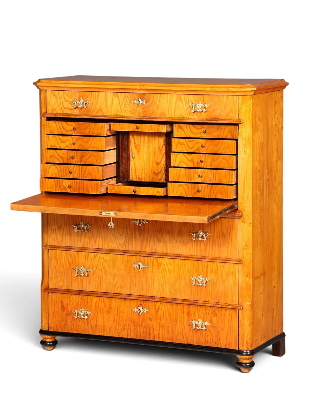 Hauptstadt Möblerei antiker Biedermeier Sekretär aus Holz mit dekorativen Messingbeschlägen und vielen Schubladen