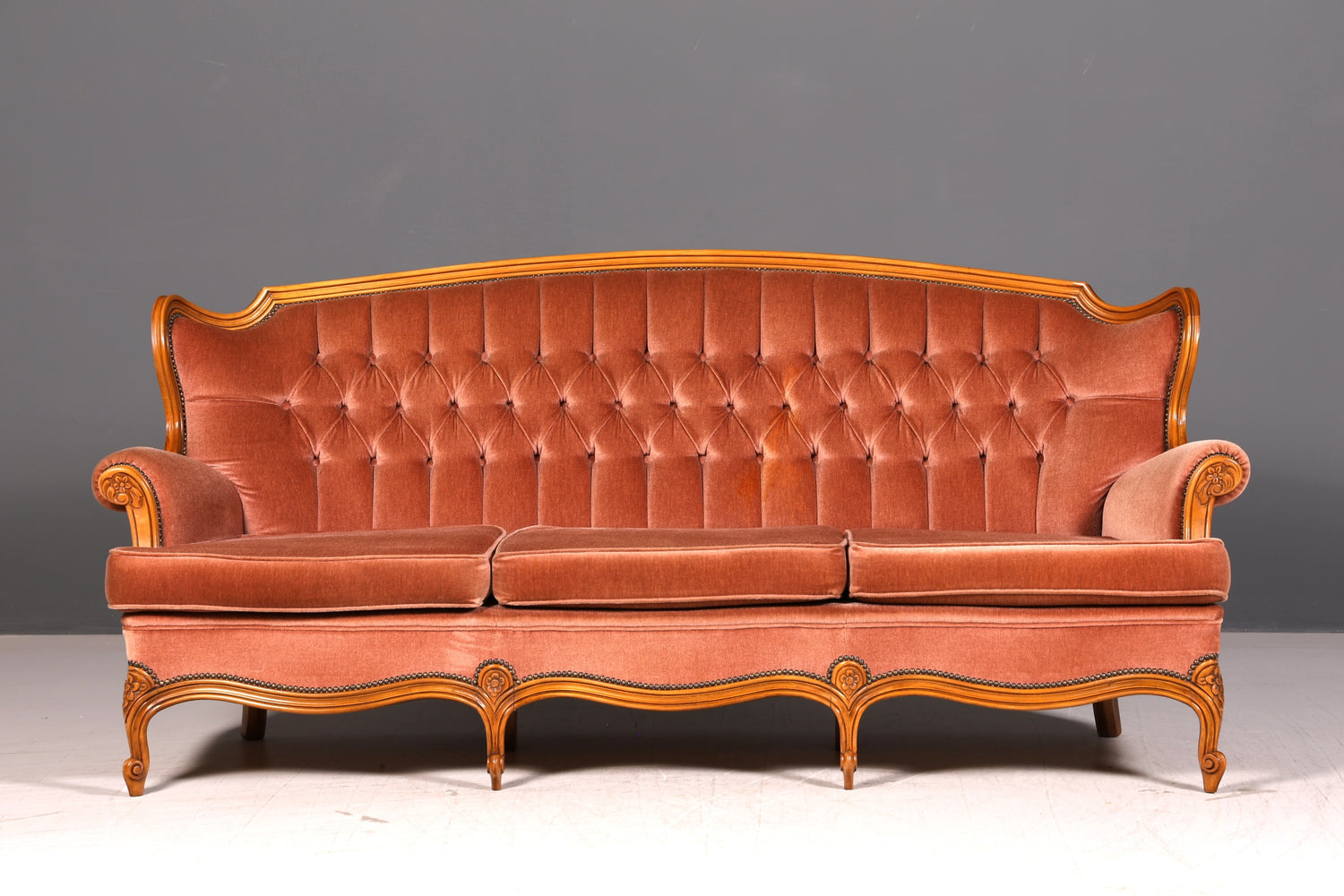 Elegant Chippendale Sofa Baroque Style Velvet Fabric Couch 3-Seater Rococo Antique Upholstered Sofa