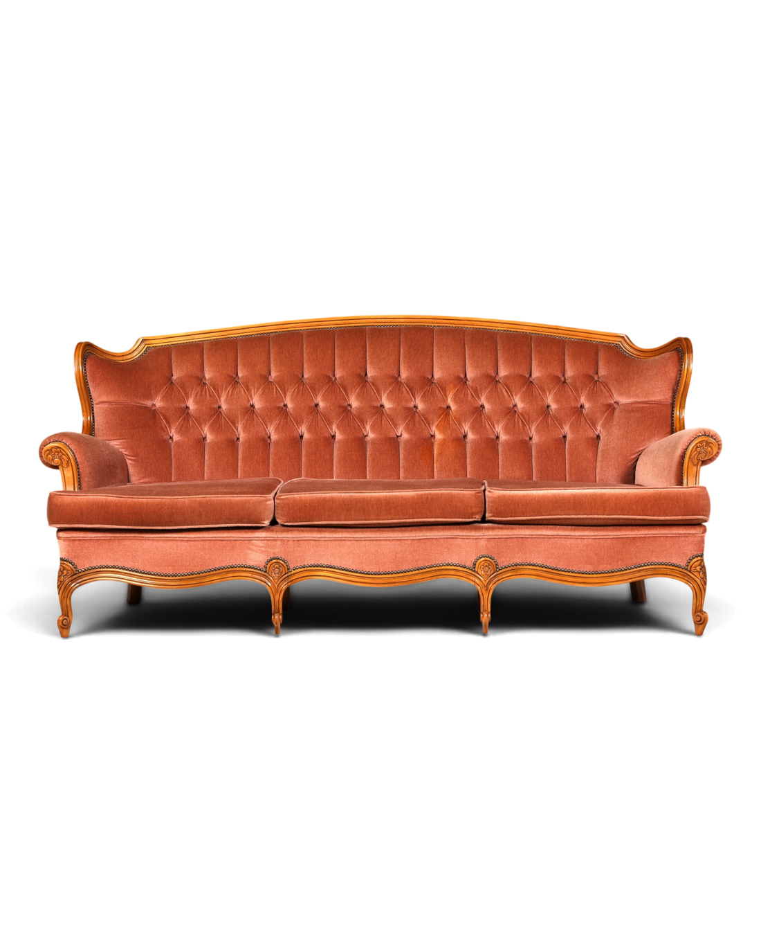 Hauptstadt Möblerei 3-Sitzer Chippendale Sofa im Barock-Stil mit antikem Samtbezug und geschwungenen Holzdetails