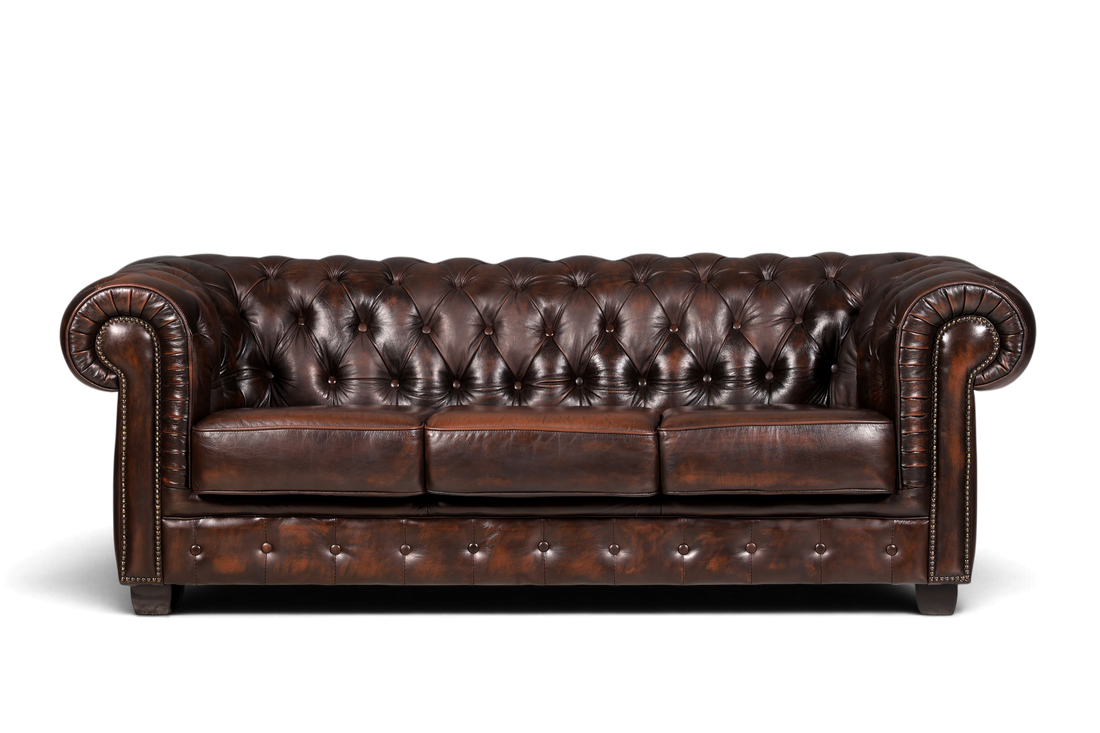 Hauptstadt Möblerei 3-Sitzer Chesterfield Sofa aus braunem Echtleder mit klassischer Knopfheftung und Ziernägeln
