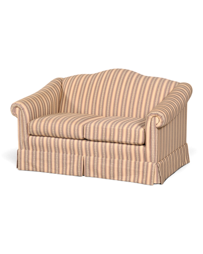 Hauptstadt Möblerei Drexel Heritage 2-Sitzer Sofa mit klassischem beigem Streifenmuster und geschwungener Rückenlehne