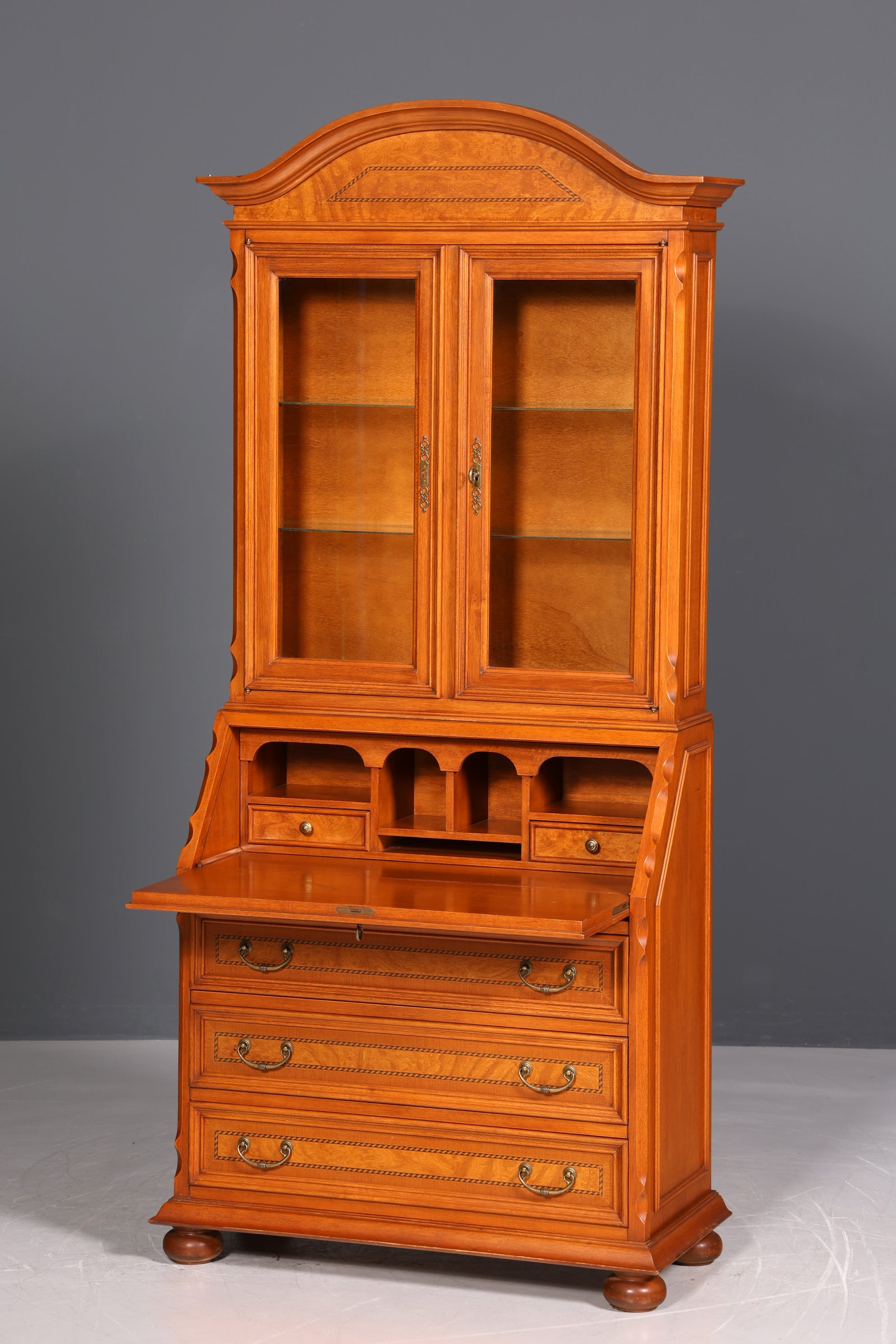 Wunderschöner Original Selva Sekretär Vitrine Antik Stil Bürotisch mit Vitrinenaufsatz echt Holz Office Desk Bürokommode