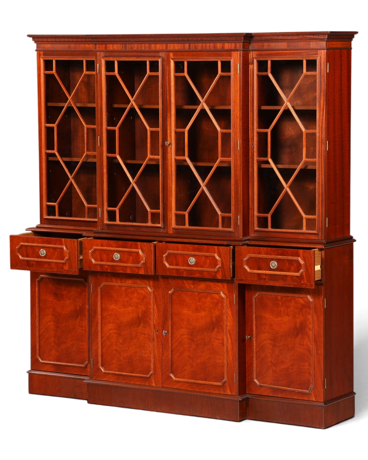 Hauptstadt Möblerei englische Vitrine aus Holz mit verglasten Sprossentüren und Schubladen im antiken Stil