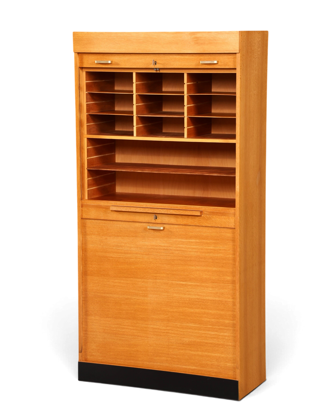 Hauptstadt Möblerei Mid Century Rollladenschrank aus hellem Echtholz im Bauhaus Stil mit Fächern und Rolltür