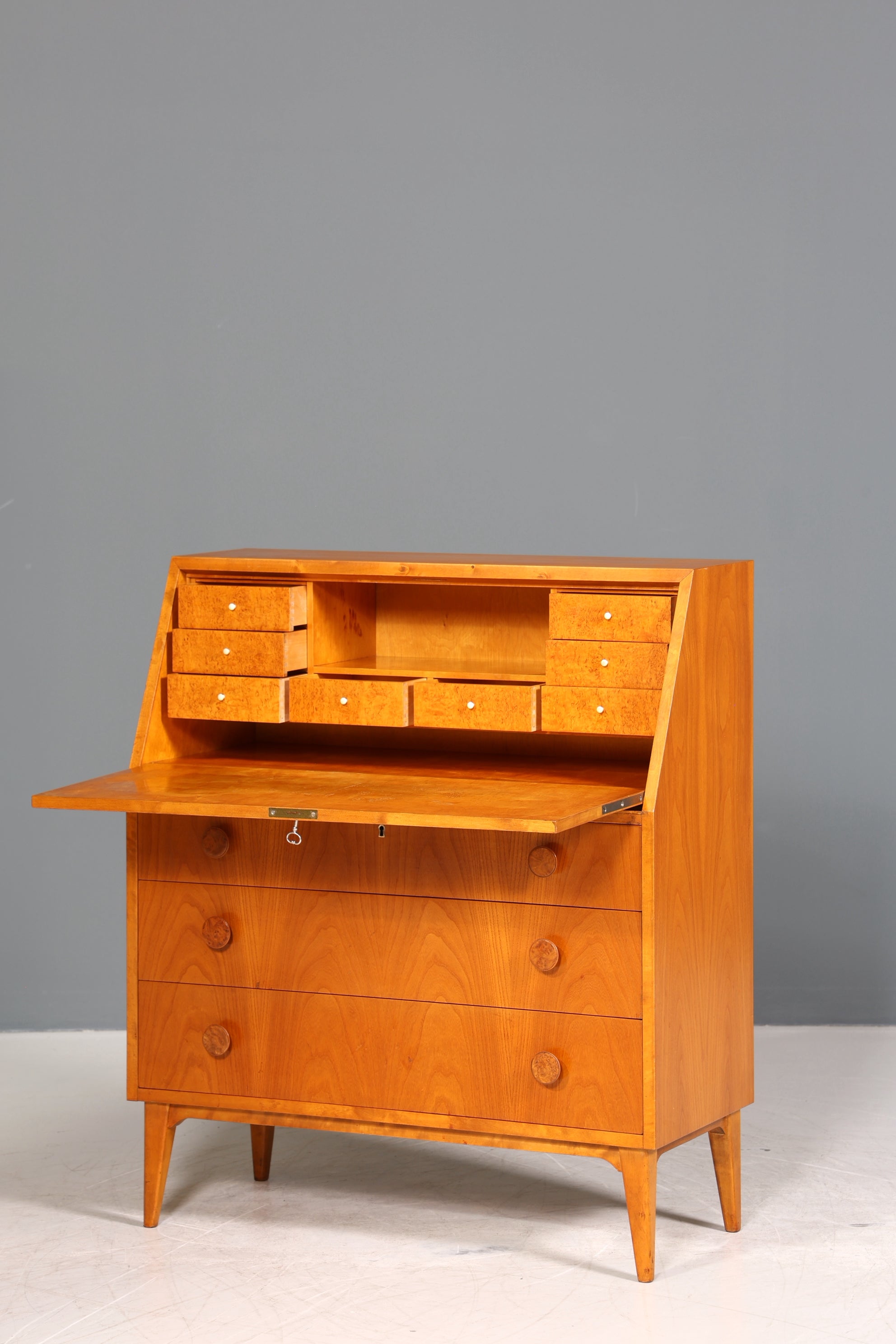 Schlichter Mid Century Sekretär Vintage Schreibmöbel echt Holz Kommode Office Secretary