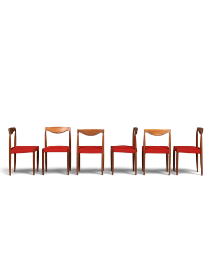 Hauptstadt Möblerei 6er-Set Bambi Stühle von Rastad &amp; Relling aus Holz mit rotem Stoffbezug im Mid-Century-Design