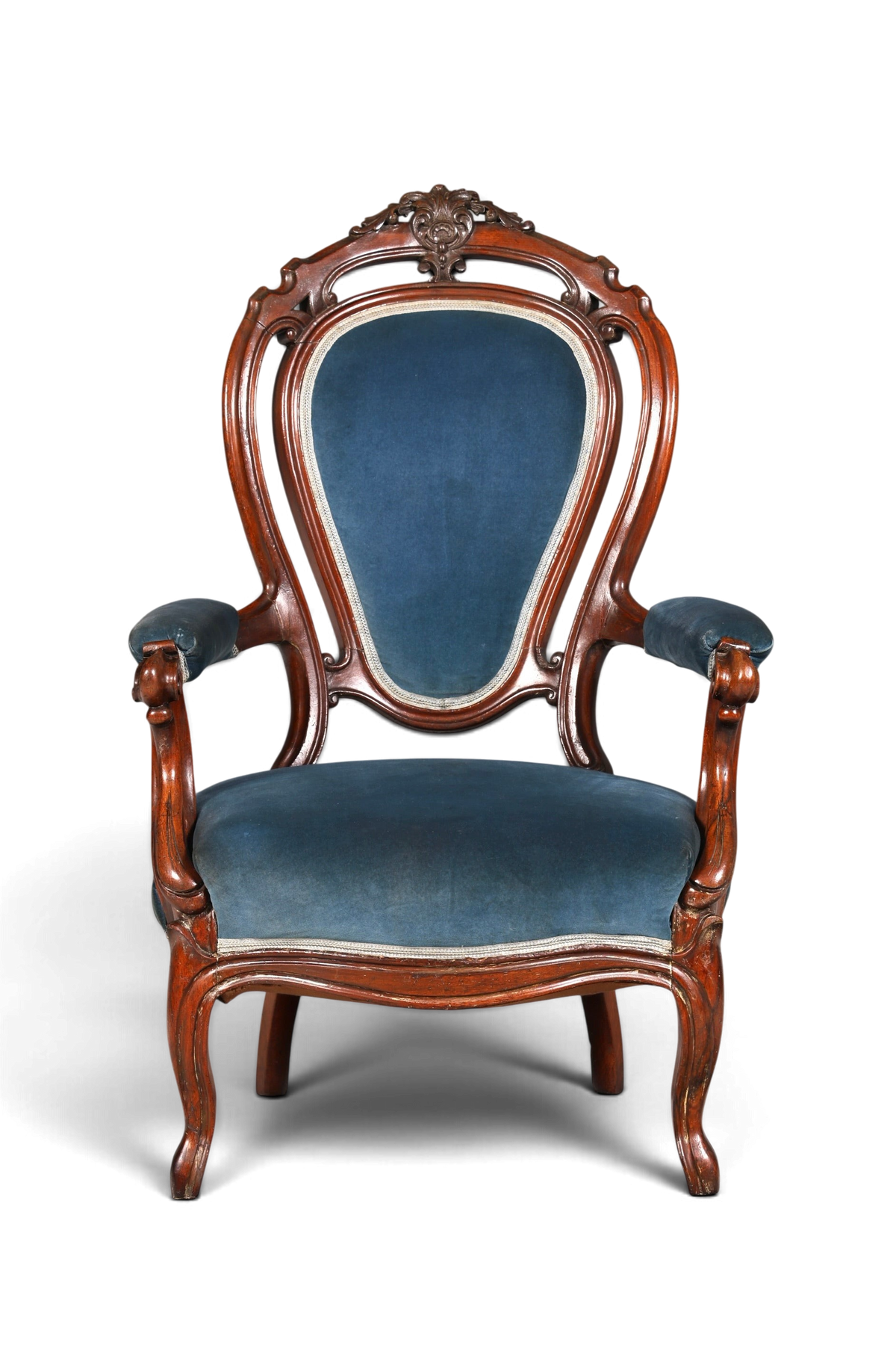Hauptstadt Möblerei Louis Philippe Sessel im Biedermeier Stil mit blauem Samtbezug und dunklem Holzrahmen