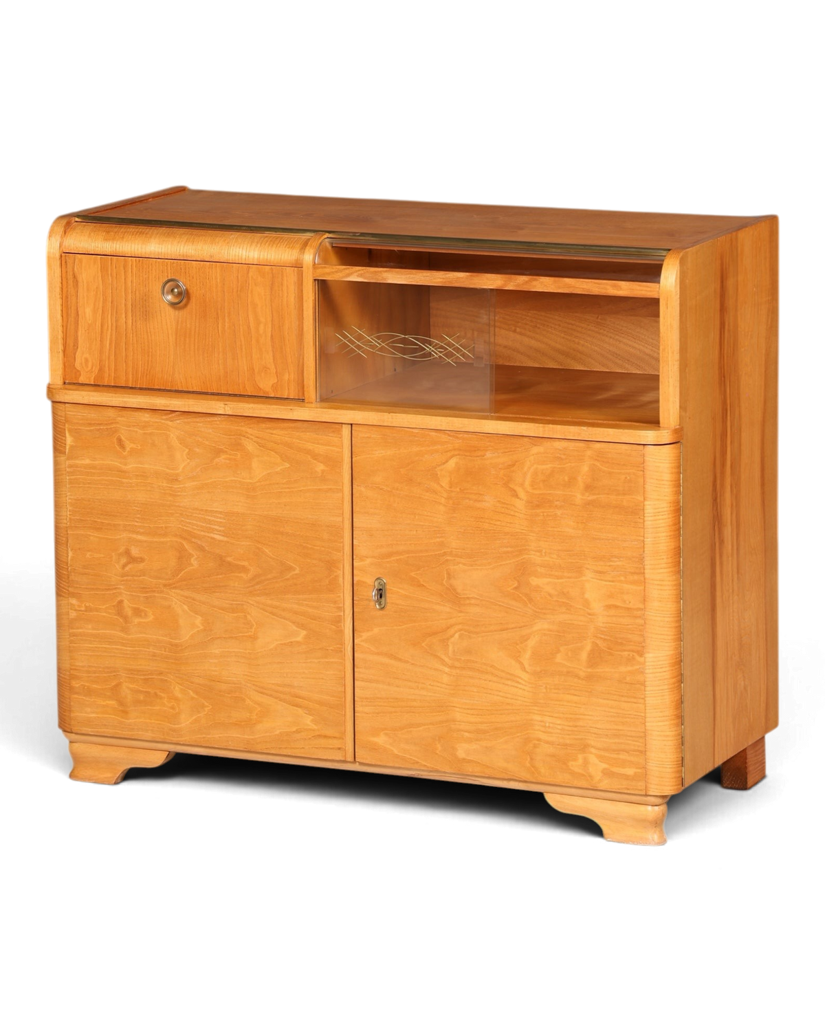 Hauptstadt Möblerei Mid Century Kommode aus Teakholz mit Art Deco Elementen und offenem Fach als Barschrank