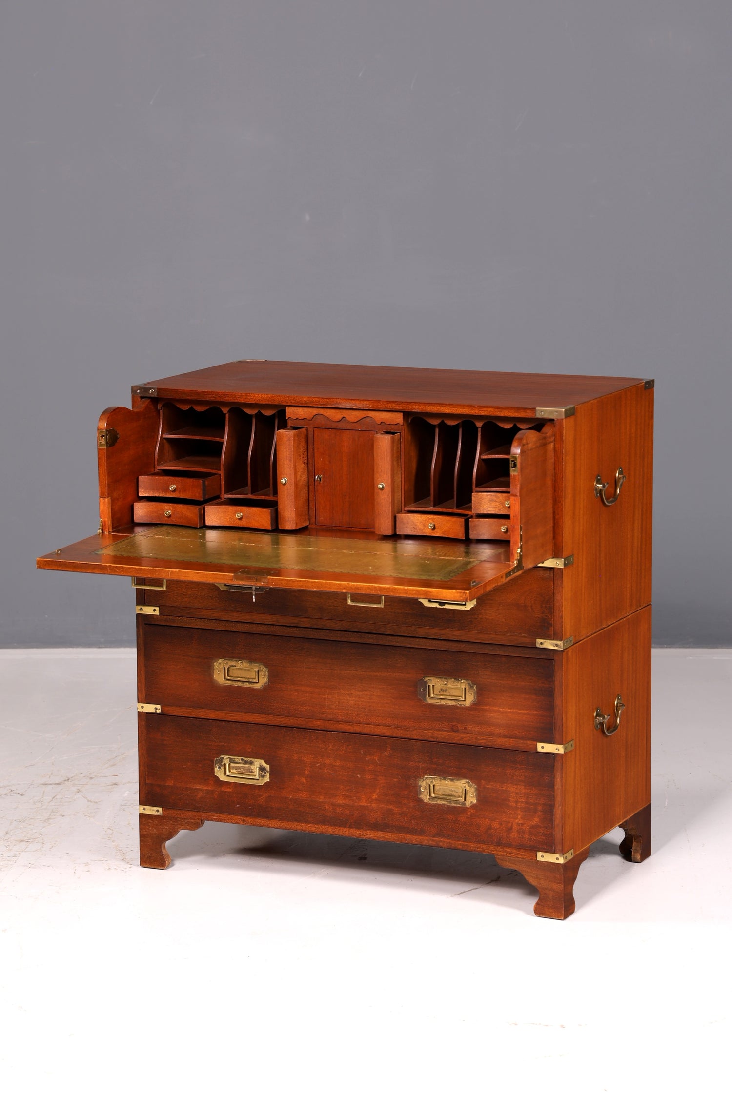 Beautiful Maritime English Secretary Desk, Writing Chest with Genuine Leather Writing Surface, Antique Vintage