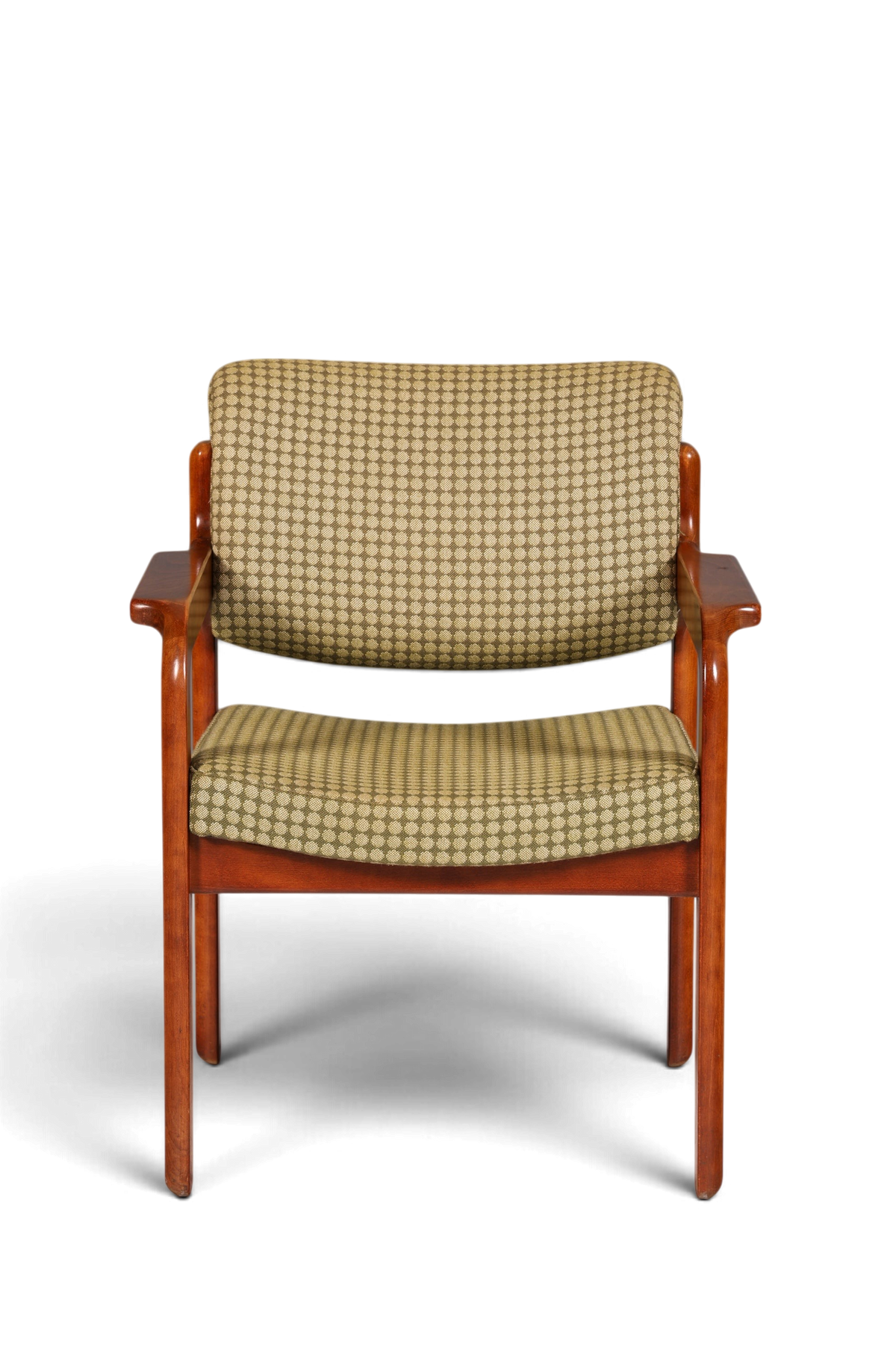 Hauptstadt Möblerei Mid Century Armlehnstuhl aus Holz mit gepolstertem, grün gemustertem Stoffbezug in Vintage-Optik