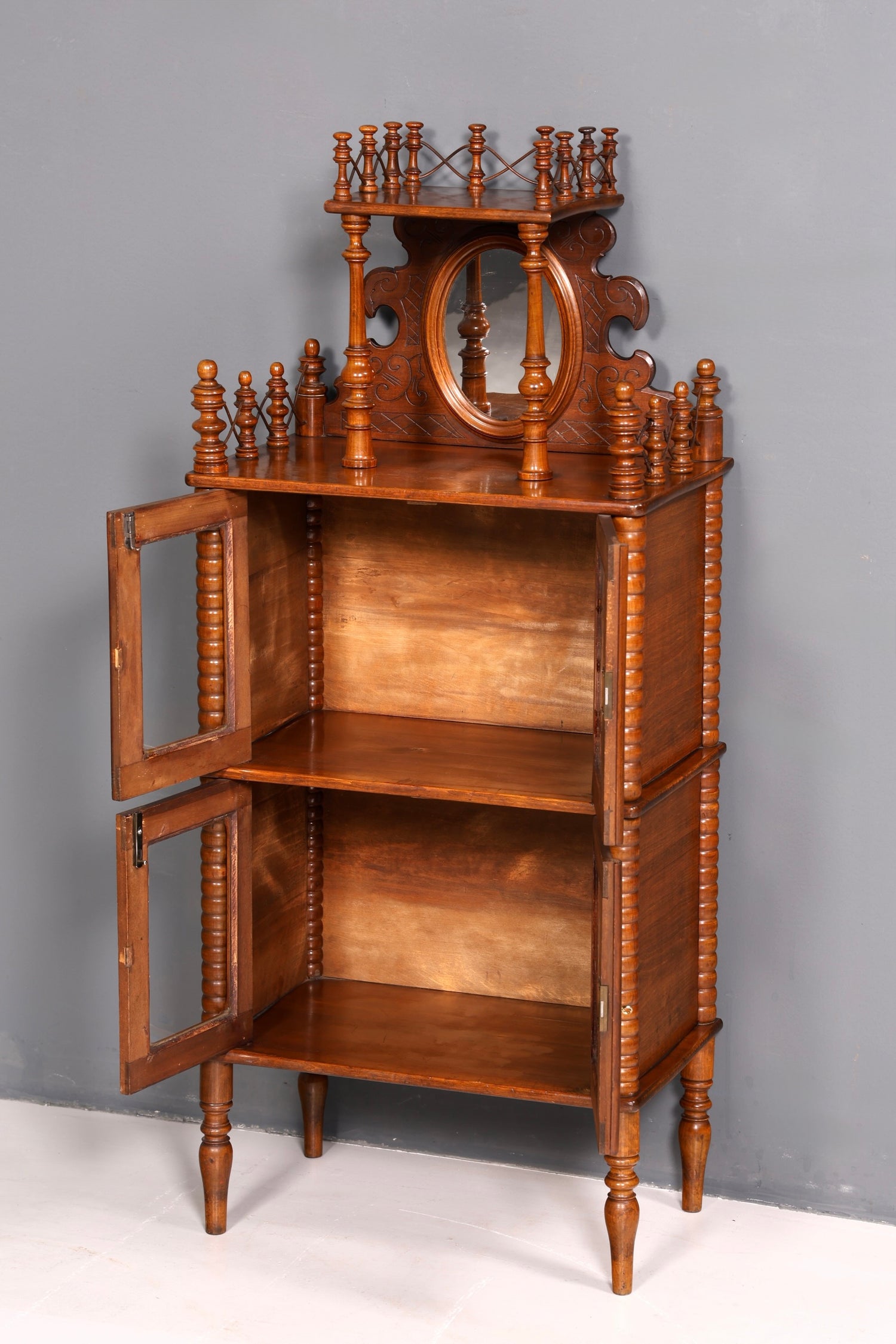 Edle Gründerzeit Vitrine um 1880 Schränkchen Antik Louis Philippe Etagere Vertiko Nussbaum Glasvitrine Bücherregal Schrank Vintage