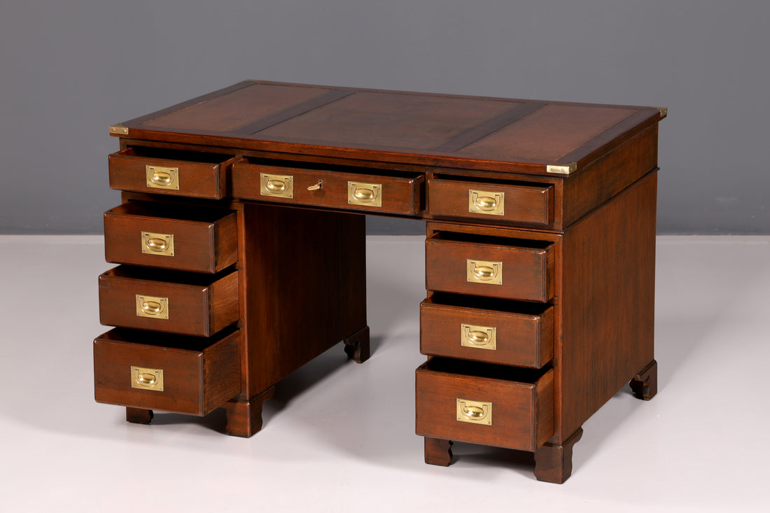 Elegant English desk, military chest, genuine leather top, office table, maritime antique vintage