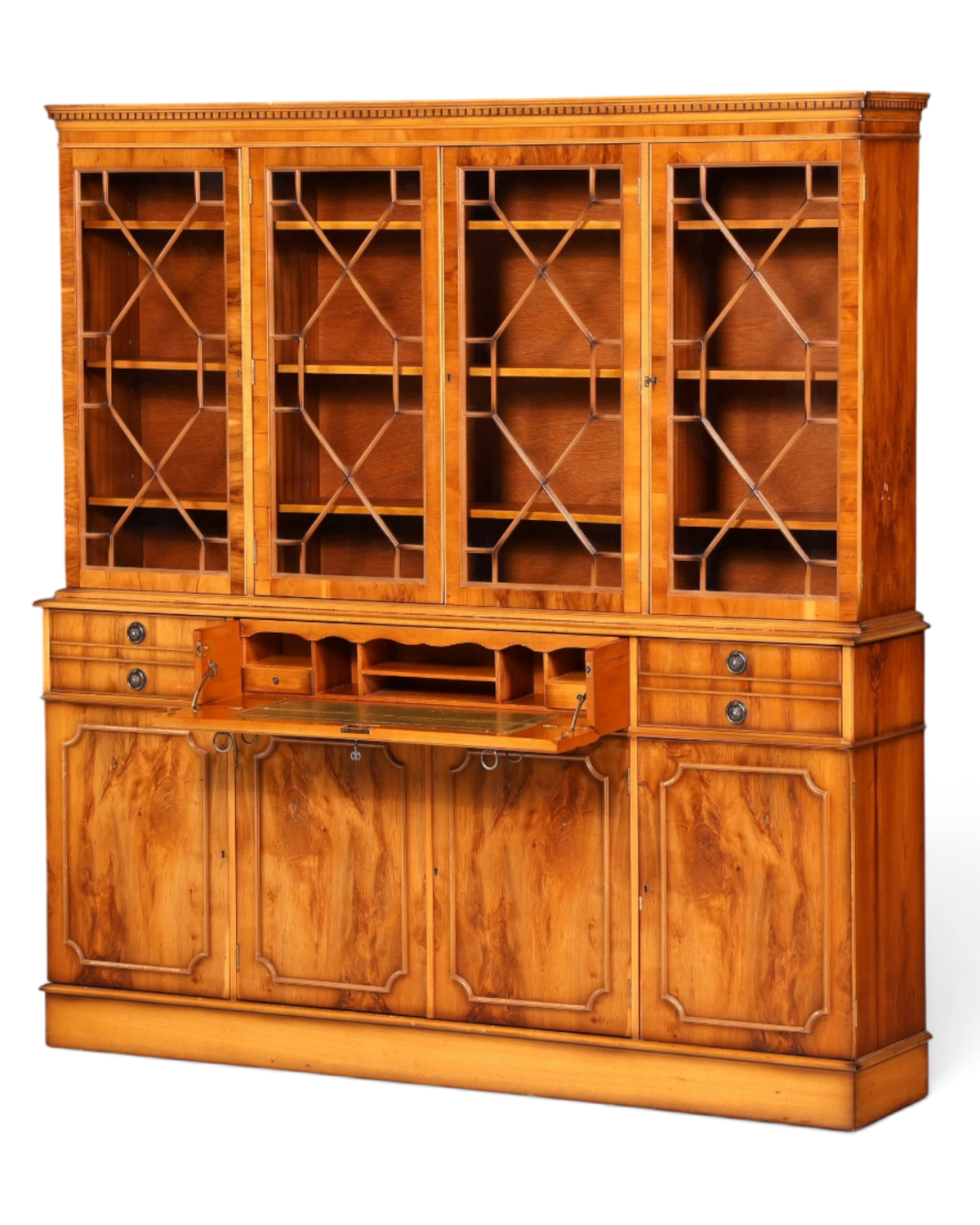 Hauptstadt Möblerei englischer Vitrinenschrank aus massivem Holz mit Sekretär, Glasfronten und Leder-Schreibfläche